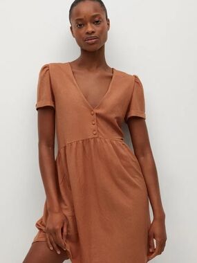 Mango Short Sleeve V-Neck Babydoll Dress - Burnt Orange